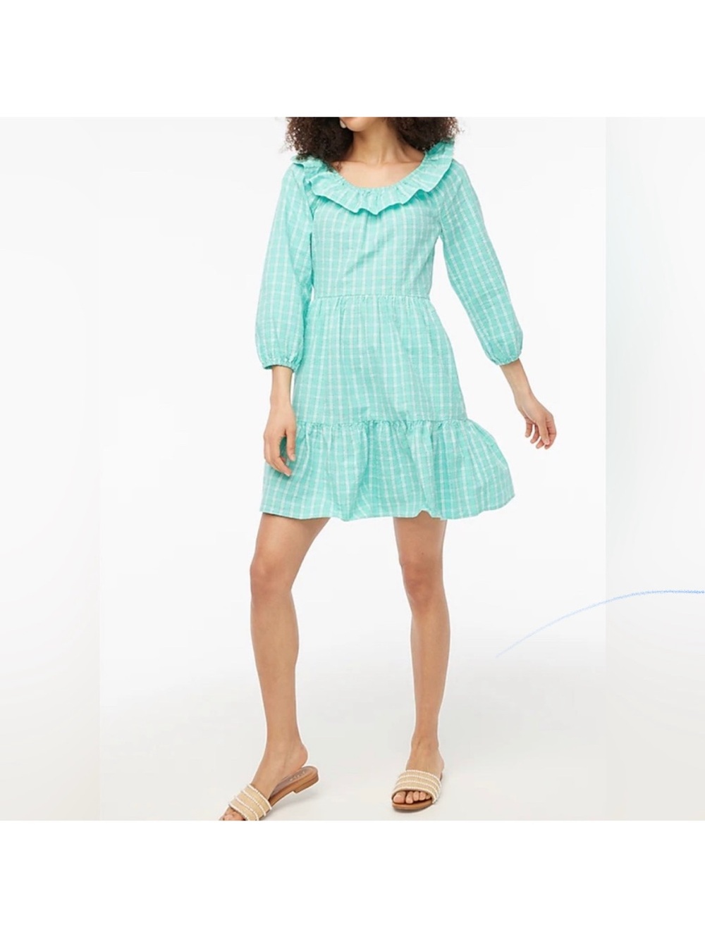 NWT J.Crew Seersucker Ruffle Neck Dress Radiant Aqua Size 6